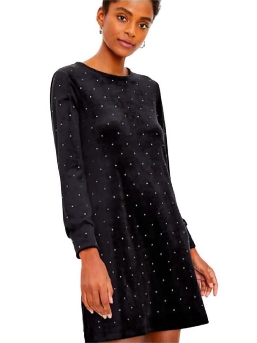 LOFT Black Velvet Long-Sleeve Shift Dress with Stud Accents size Large
